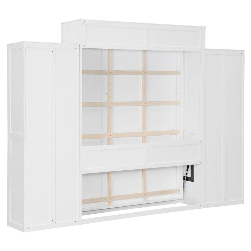 Murphy Bed Wall Bed with Wardrobe, Drawers, LED Light and Desk