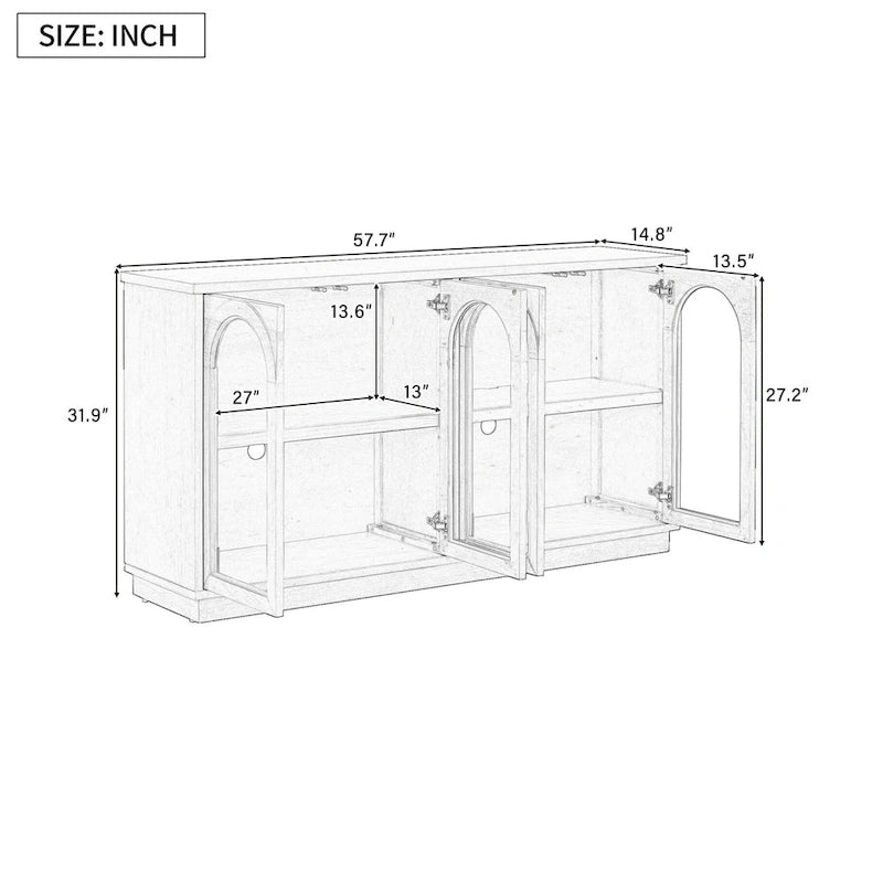 4-Door Large Storage Buffet Cabinet with Glass Doors, Adjustable Shelves and Arched Design for Kitchen, Dining Room