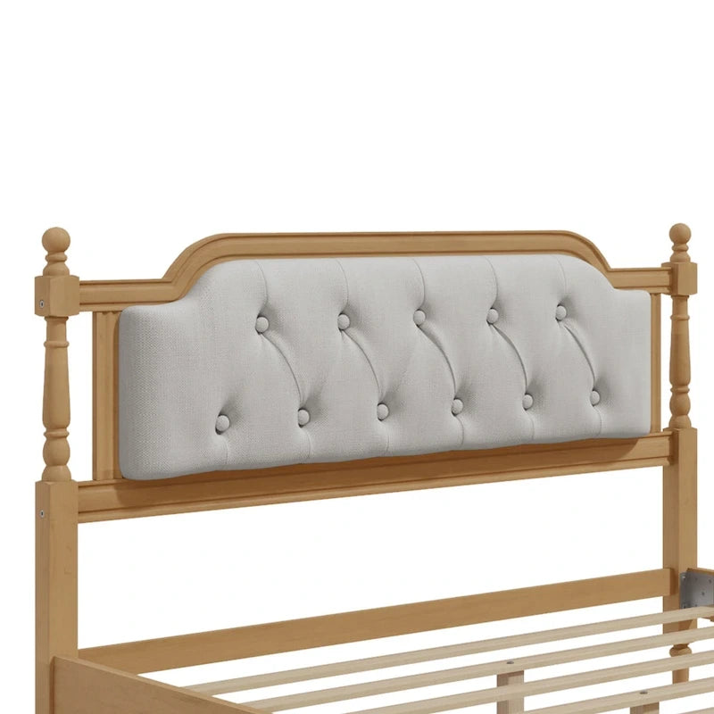 Traditional Style Solid Wood Bed Frame with Upholstered Tufted Headboard,No Box Spring Needed,Full Size, Antique Walnut