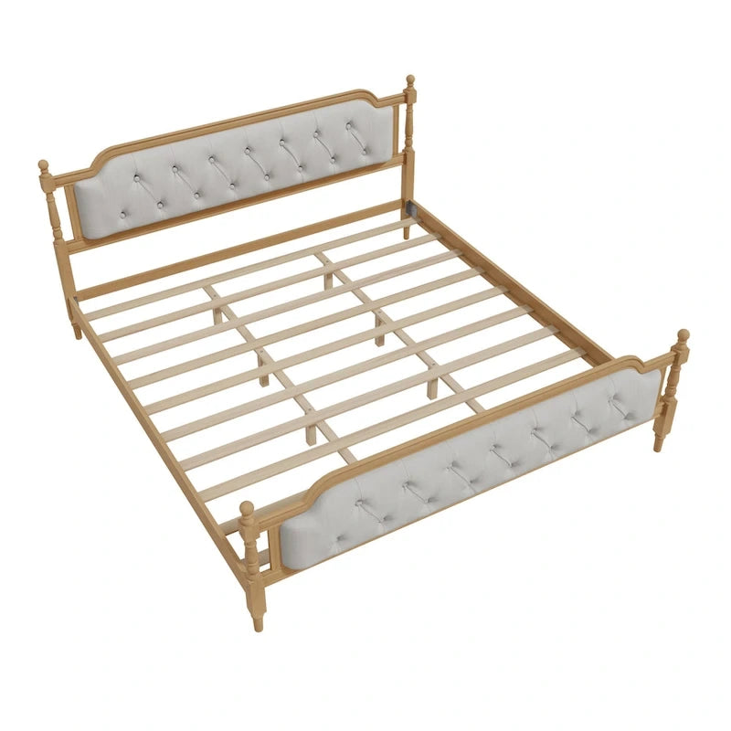 Traditional Style Solid Wood Bed Frame with Upholstered Tufted Headboard,No Box Spring Needed,Full Size, Antique Walnut
