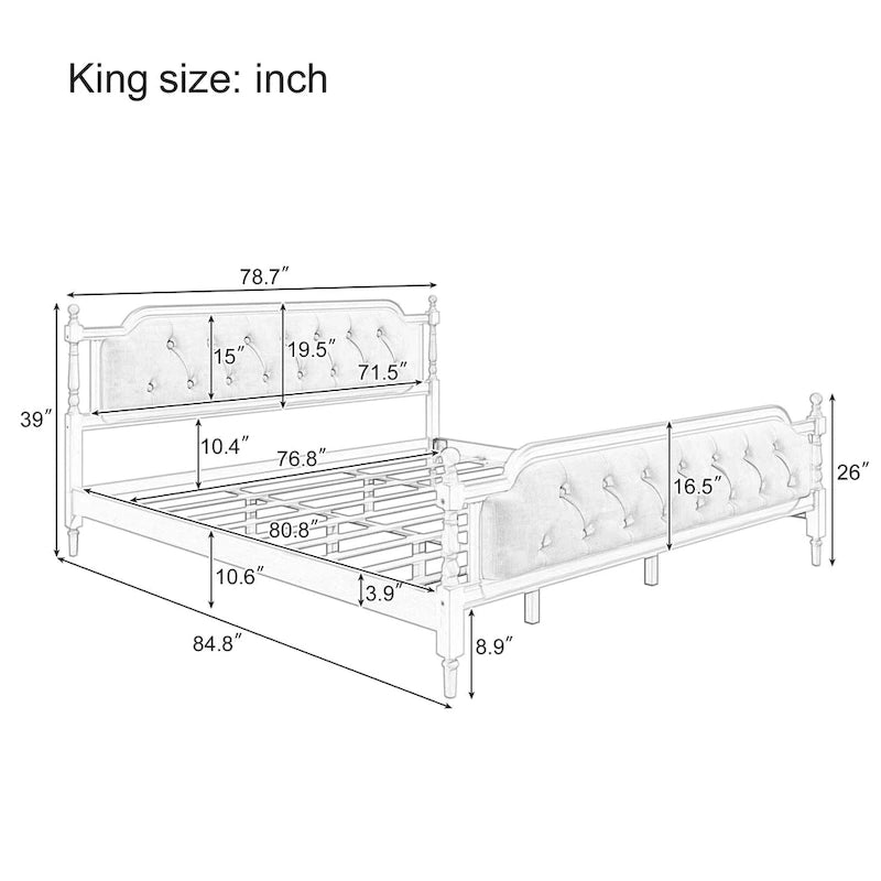 Traditional Style Solid Wood Bed Frame with Upholstered Tufted Headboard,No Box Spring Needed,Full Size, Antique Walnut