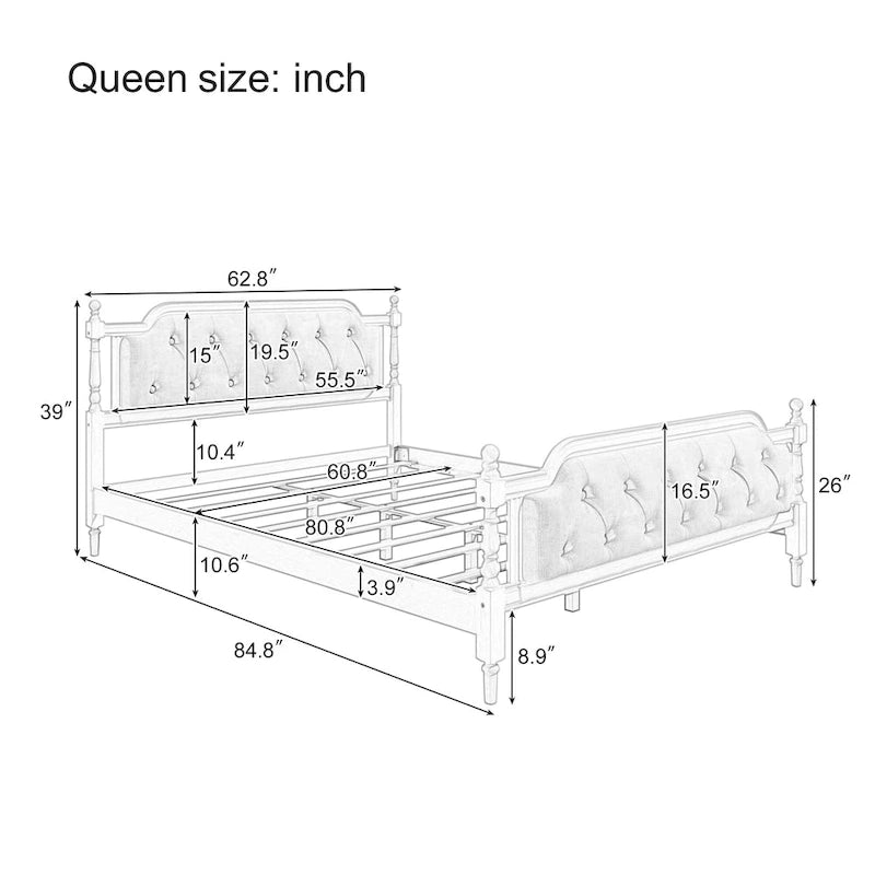 Traditional Style Solid Wood Bed Frame with Upholstered Tufted Headboard,No Box Spring Needed,Full Size, Antique Walnut
