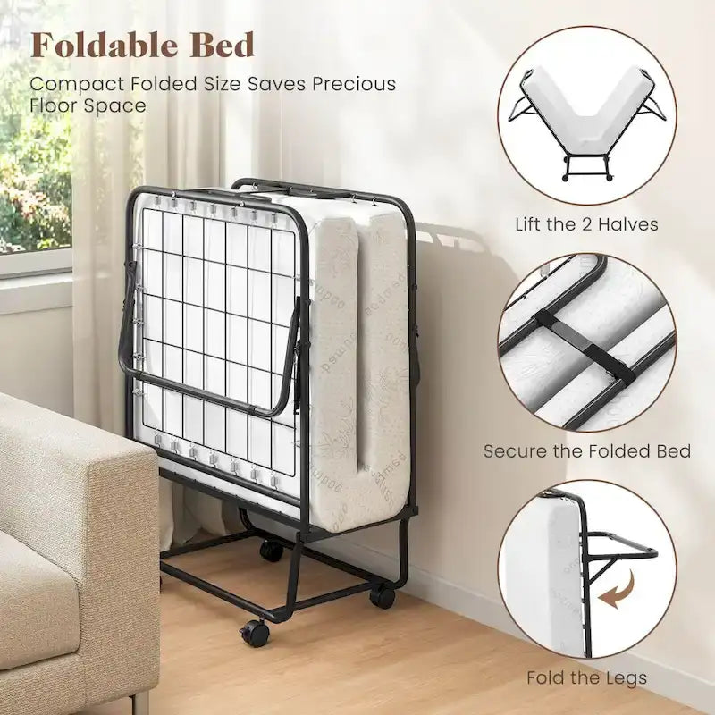 Costway Folding Bed with Mattress 74 x 31 Cot Size Rolling Guest Bed