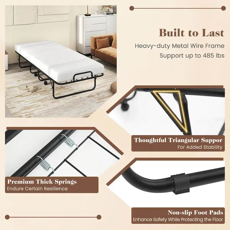 Costway Folding Bed with Mattress 74 x 31 Cot Size Rolling Guest Bed
