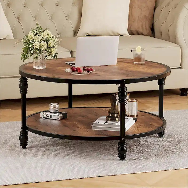 Coffee Table Round Rustic Center Table with Storage Shelf