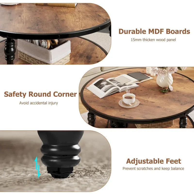 Coffee Table Round Rustic Center Table with Storage Shelf
