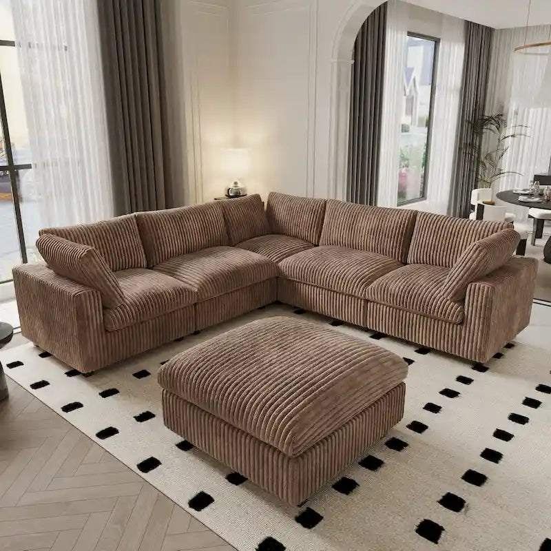Modular Sectional Couch, Convertible V Shaped Sofa for Living Room, 5 Seat Comfy Modular Sofa With Chaise Ottoman