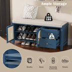 Storage Bench with Cushion,2 Drawers and Rattan Doors for Entryway