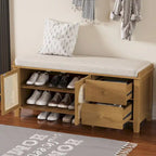 Storage Bench with Cushion,2 Drawers and Rattan Doors for Entryway