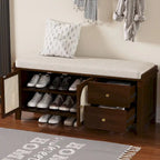 Storage Bench with Cushion,2 Drawers and Rattan Doors for Entryway