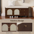 Storage Bench with Cushion,2 Drawers and Rattan Doors for Entryway