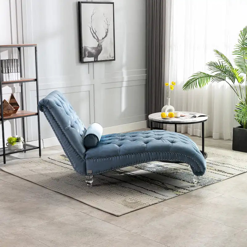 Velvet Tufted Chaise Lounge Chair Ergonomic S Shape Recliner with Pillow, Nailhead Trim and Acrylic Legs for Indoor Use