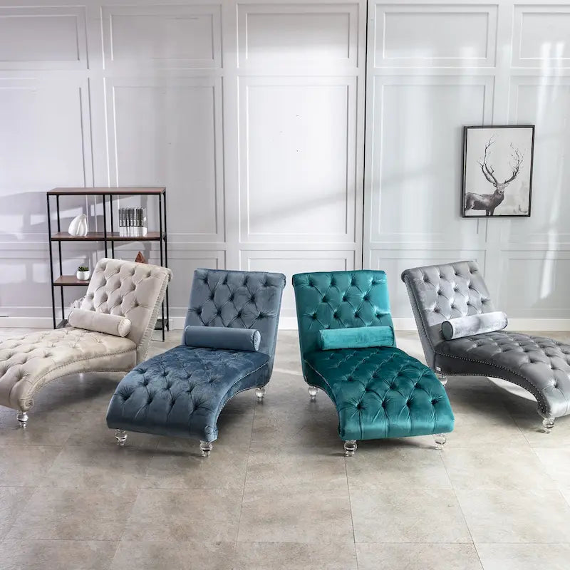 Velvet Tufted Chaise Lounge Chair Ergonomic S Shape Recliner with Pillow, Nailhead Trim and Acrylic Legs for Indoor Use