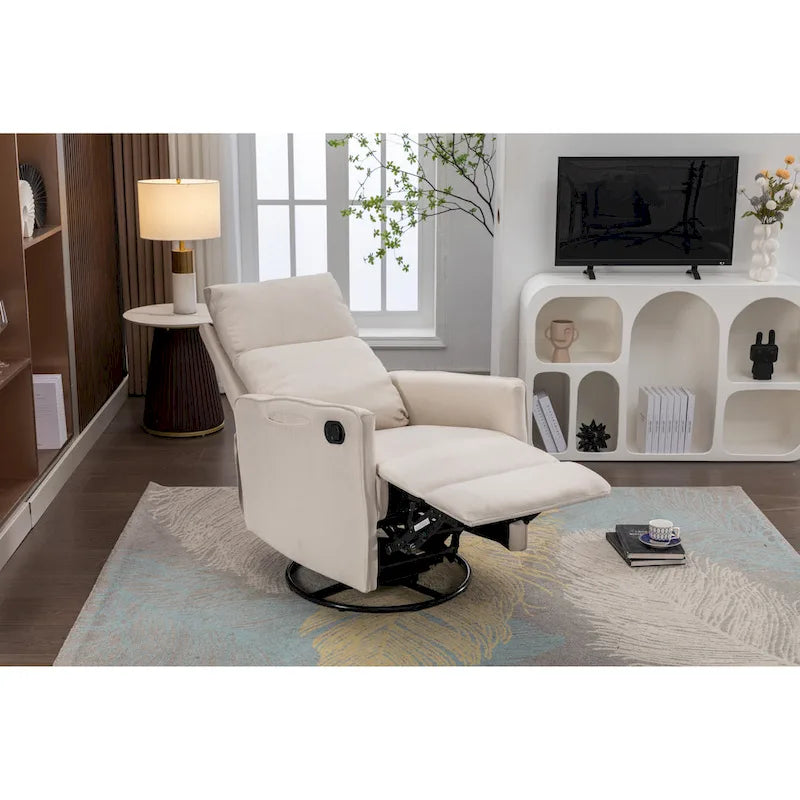 Cotton Linen Fabric Swivel Rocking Chair Glider Rocker Recliner Nursery Chair with Adjustable Back and Footrest