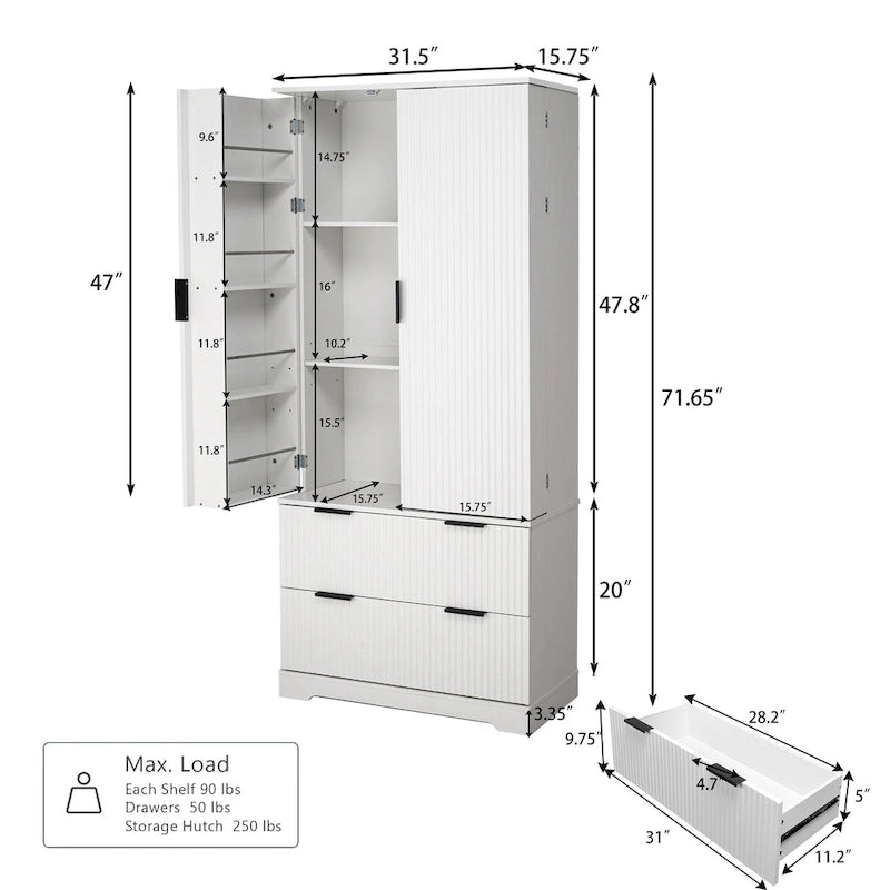 Farmhouse Bathroom Storage Cabinet with 2 Large Drawers, 8-Door storage Rack & 3 Shelves