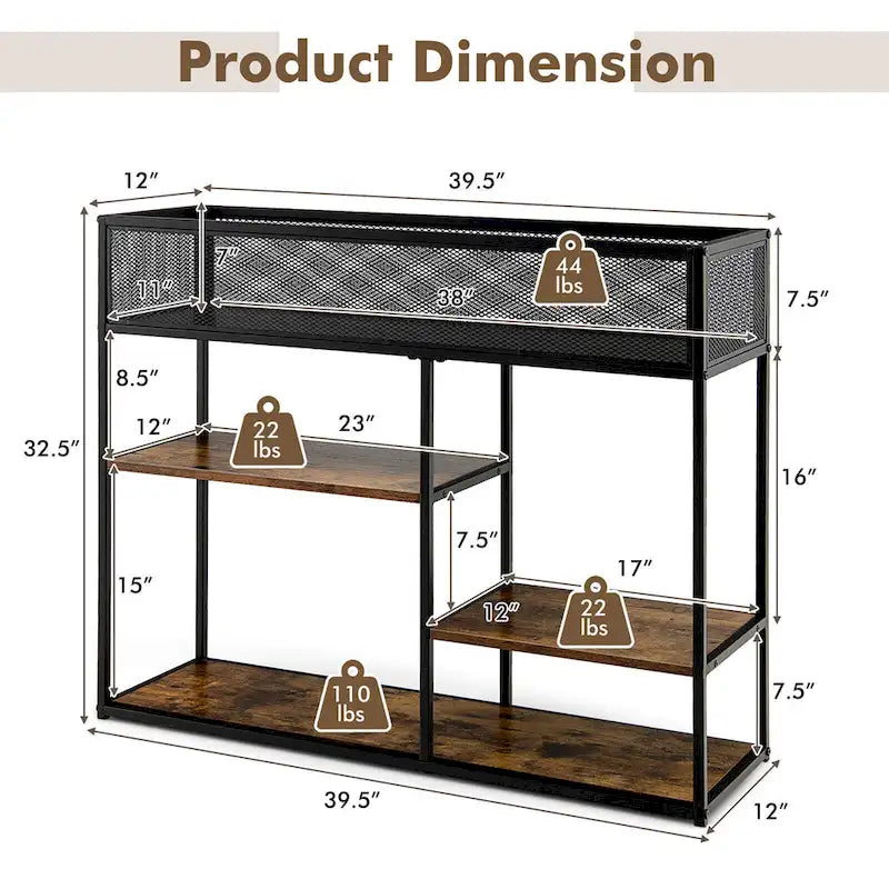 Gymax 4-Tier Console Table w/ Wire Basket Narrow Sofa Table w/ shelf