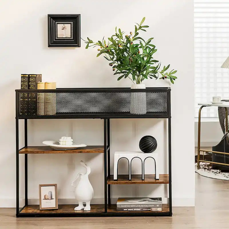 Gymax 4-Tier Console Table w/ Wire Basket Narrow Sofa Table w/ shelf