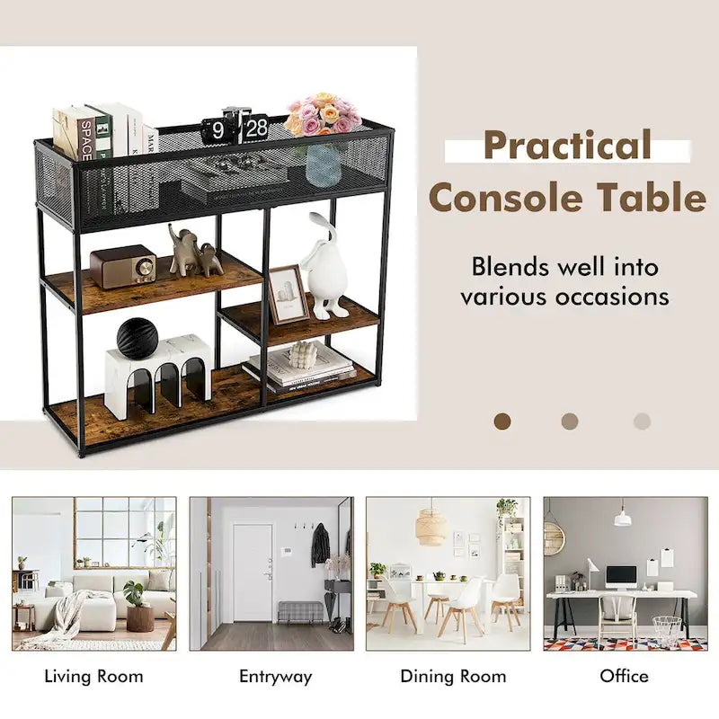 Gymax 4-Tier Console Table w/ Wire Basket Narrow Sofa Table w/ shelf