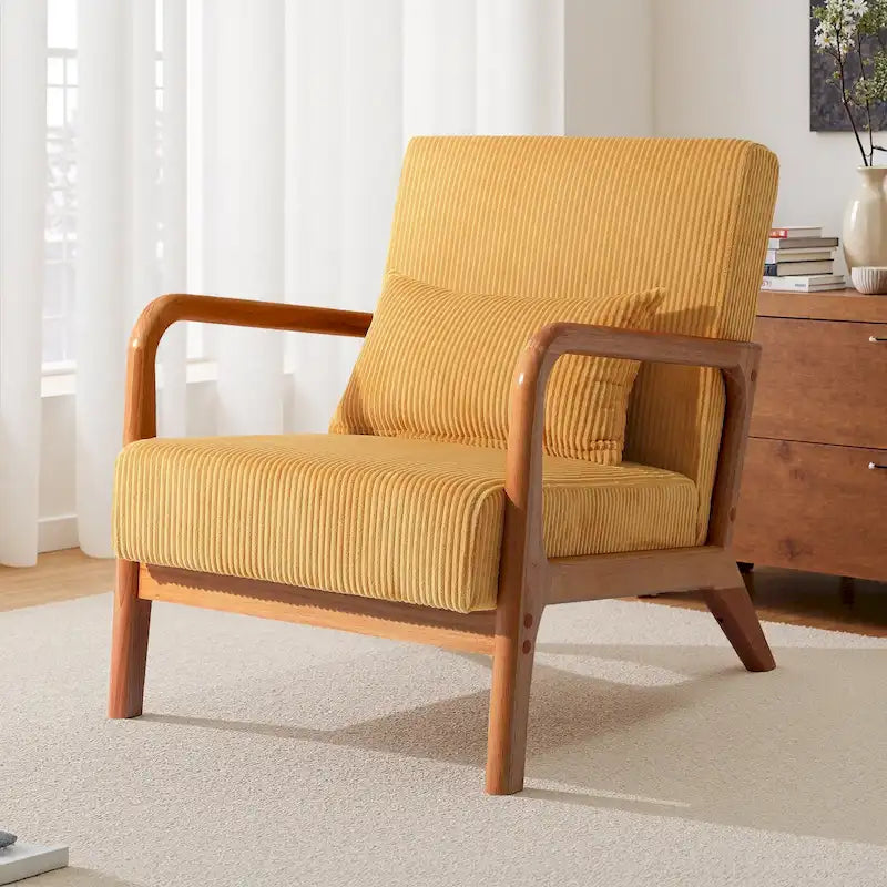25 W Mid Century Upholstered Wood Accent Chair with Pillow