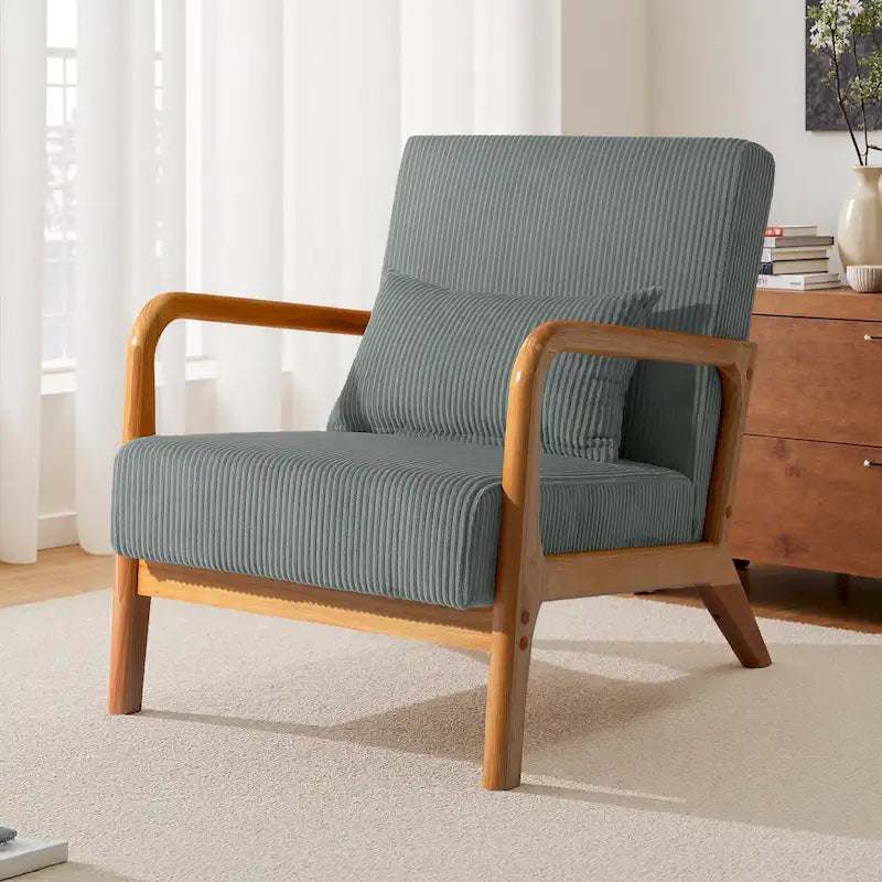 25 W Mid Century Upholstered Wood Accent Chair with Pillow