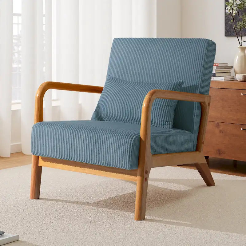25 W Mid Century Upholstered Wood Accent Chair with Pillow