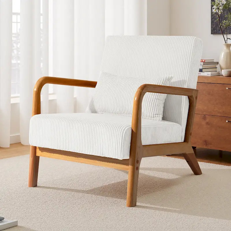25 W Mid Century Upholstered Wood Accent Chair with Pillow