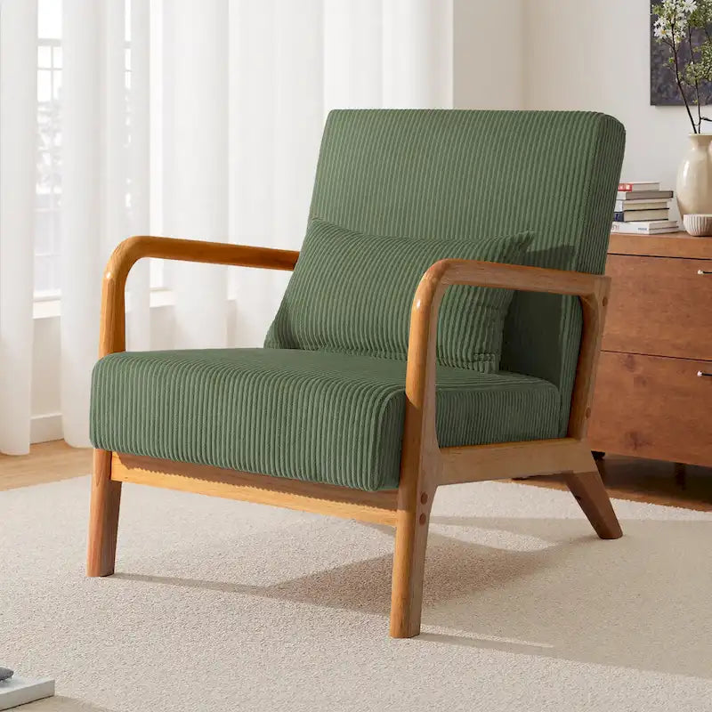 25 W Mid Century Upholstered Wood Accent Chair with Pillow