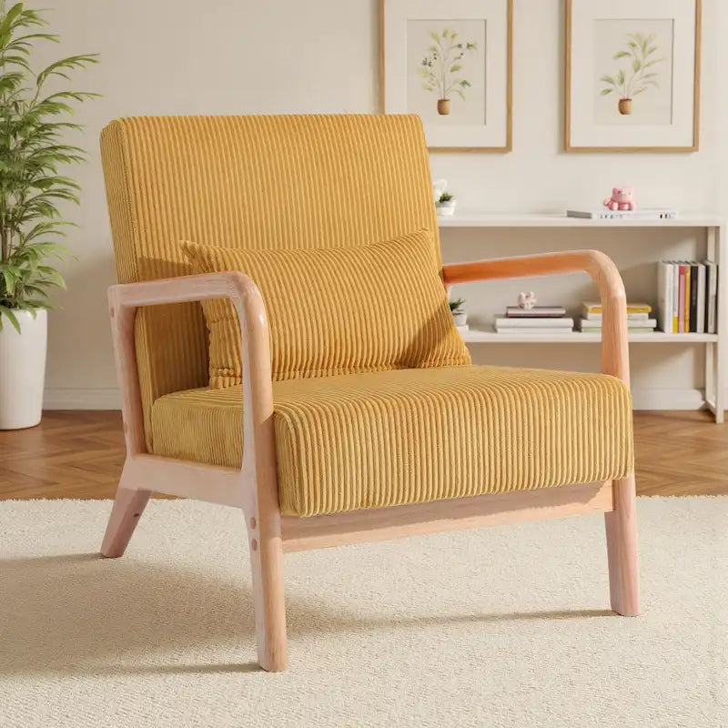 25 W Mid Century Upholstered Wood Accent Chair with Pillow