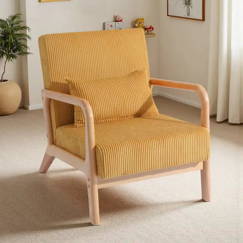 25 W Mid Century Upholstered Wood Accent Chair with Pillow