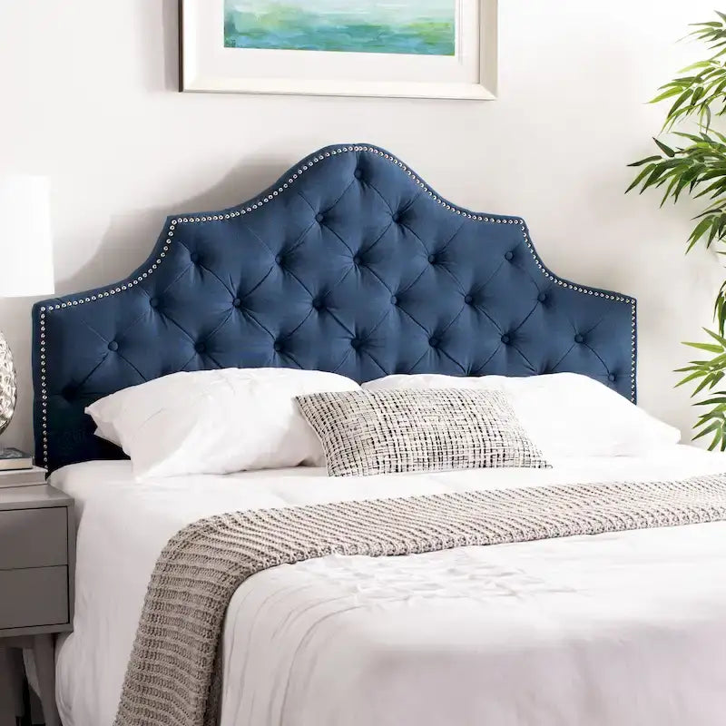 SAFAVIEH Brianna Taupe Linen Upholstered Tufted Headboard - Silver Nailhead (Queen)