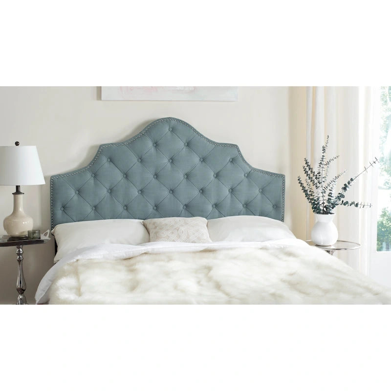 SAFAVIEH Brianna Taupe Linen Upholstered Tufted Headboard - Silver Nailhead (Queen)