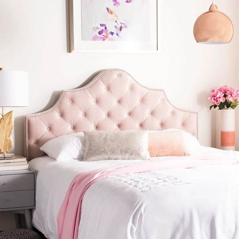 SAFAVIEH Brianna Taupe Linen Upholstered Tufted Headboard - Silver Nailhead (Queen)