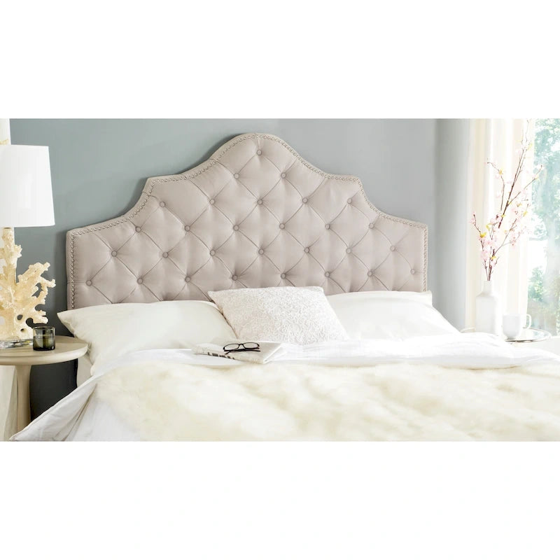 SAFAVIEH Brianna Taupe Linen Upholstered Tufted Headboard - Silver Nailhead (Queen)
