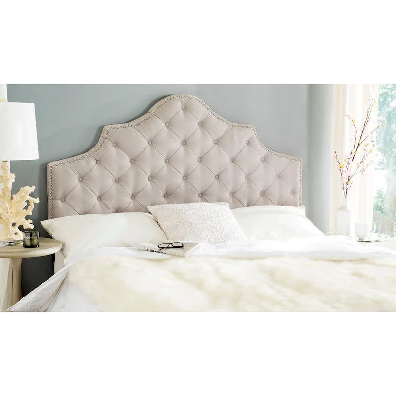 SAFAVIEH Brianna Taupe Linen Upholstered Tufted Headboard - Silver Nailhead (Queen)