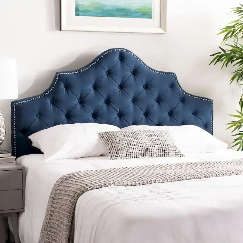 SAFAVIEH Brianna Taupe Linen Upholstered Tufted Headboard - Silver Nailhead (Queen)