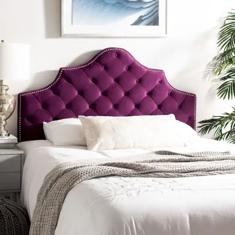 SAFAVIEH Brianna Taupe Linen Upholstered Tufted Headboard - Silver Nailhead (Queen)