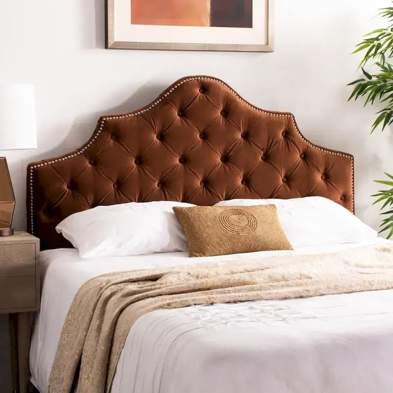 SAFAVIEH Brianna Taupe Linen Upholstered Tufted Headboard - Silver Nailhead (Queen)