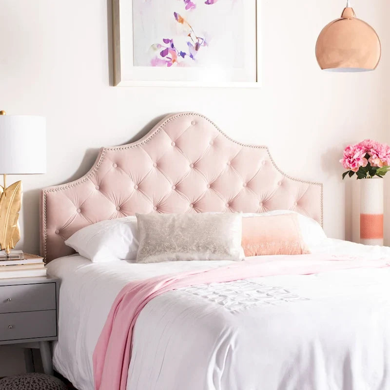 SAFAVIEH Brianna Taupe Linen Upholstered Tufted Headboard - Silver Nailhead (Queen)