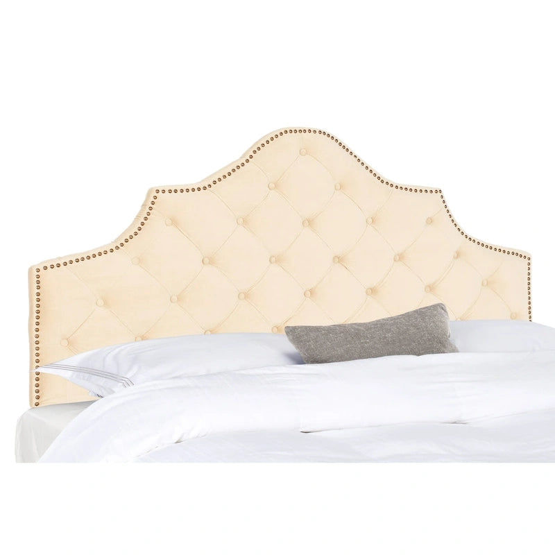 SAFAVIEH Brianna Taupe Linen Upholstered Tufted Headboard - Silver Nailhead (Queen)