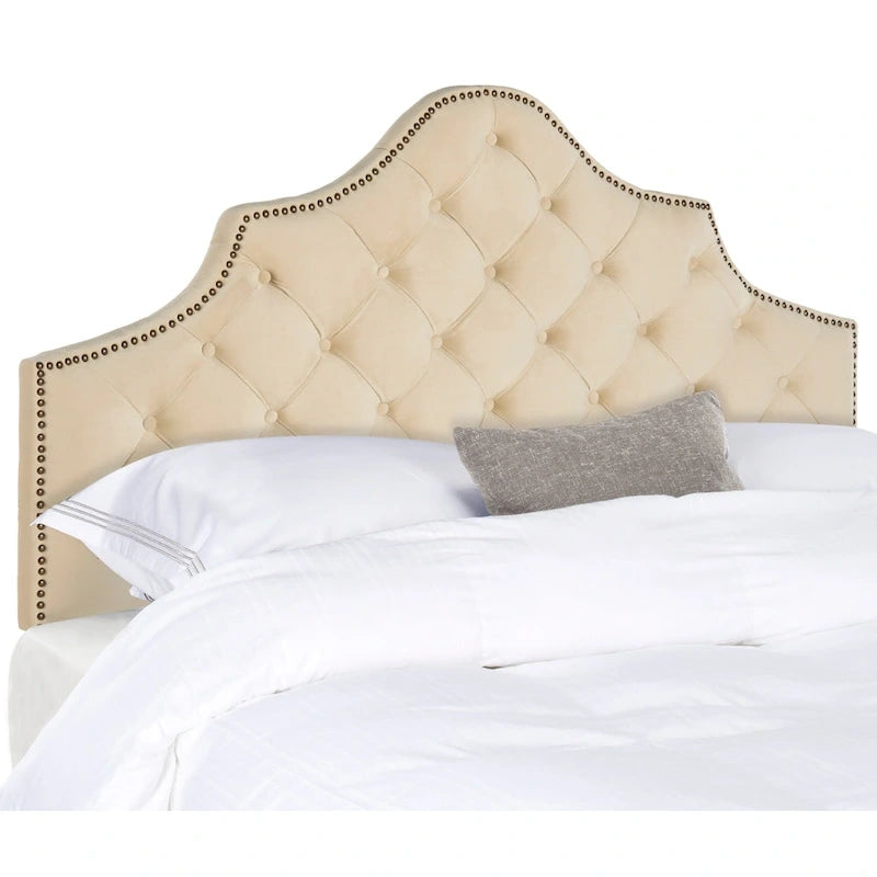 SAFAVIEH Brianna Taupe Linen Upholstered Tufted Headboard - Silver Nailhead (Queen)