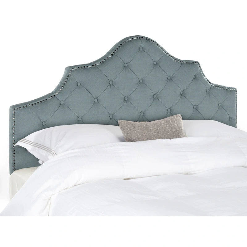 SAFAVIEH Brianna Taupe Linen Upholstered Tufted Headboard - Silver Nailhead (Queen)