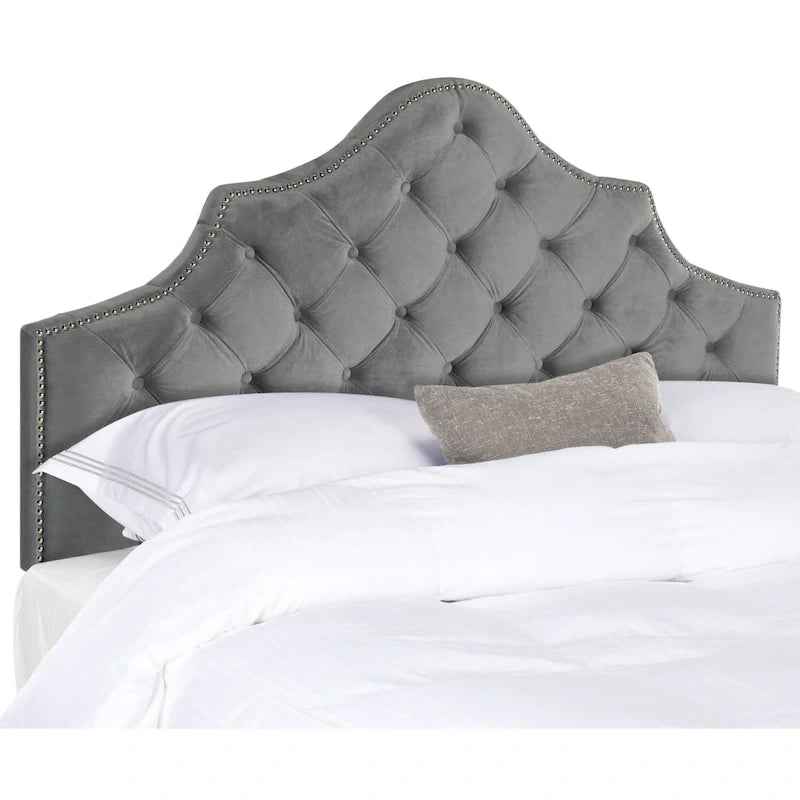SAFAVIEH Brianna Taupe Linen Upholstered Tufted Headboard - Silver Nailhead (Queen)