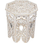 18 Antique White and Brushed Gold Carved Octagonal Side Table
