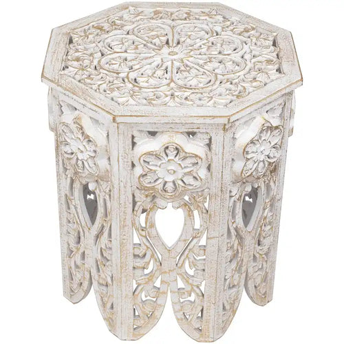 18 Antique White and Brushed Gold Carved Octagonal Side Table