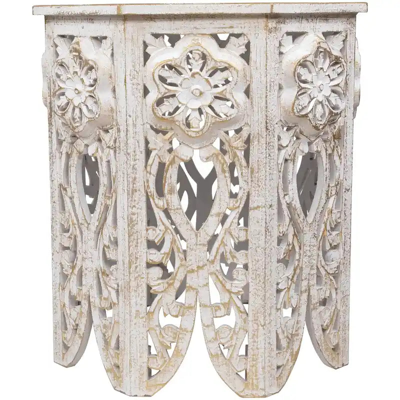 18 Antique White and Brushed Gold Carved Octagonal Side Table