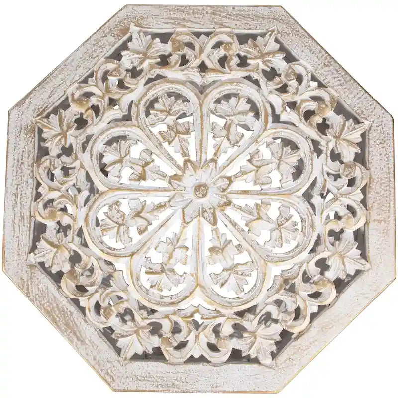 18 Antique White and Brushed Gold Carved Octagonal Side Table