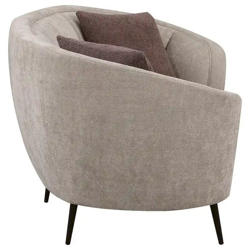 Zui Curved Loveseat, 84 Inch Beige, Round Design, 2 Accent Pillows