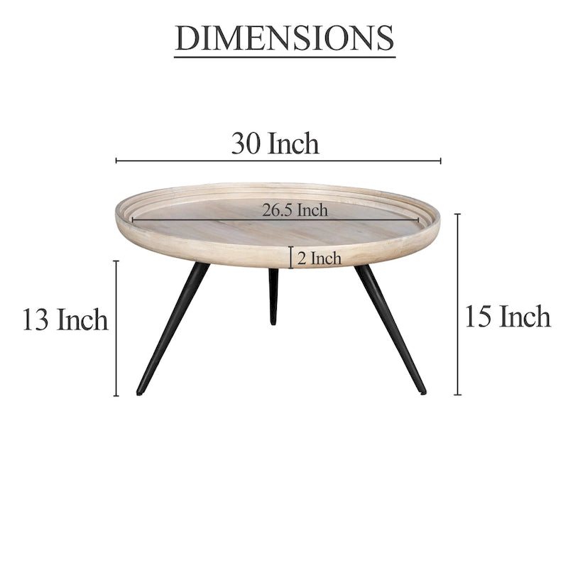 Urban Chic Coffee Table 30 Inch Round Tray Top, Handcrafted Washed White Mango Wood