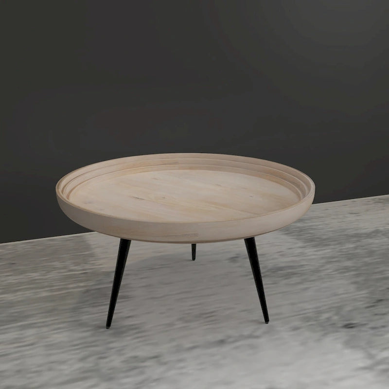 Urban Chic Coffee Table 30 Inch Round Tray Top, Handcrafted Washed White Mango Wood