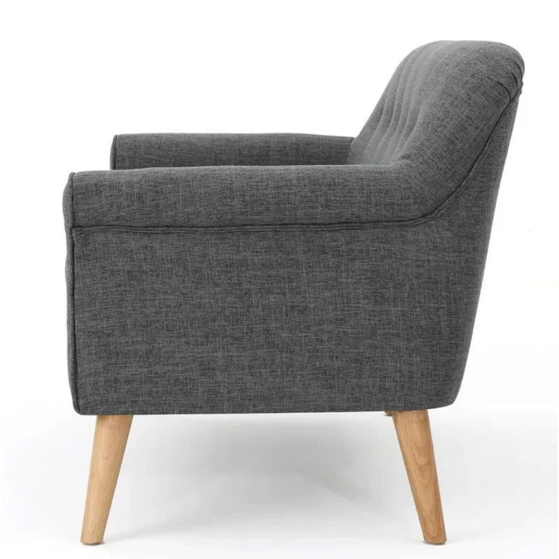 Loveseat, 50 Inch Smooth Tufted Gray Polyester, Natural Brown Wood